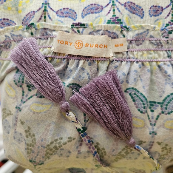 TORY BURCH Silk Mosaic Provence Pompeii Tassels/Smocked Off Shoulder Romper Sz M - Picture 3 of 13